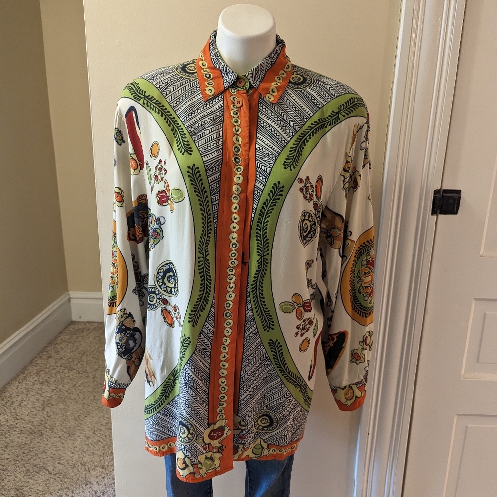 Vintage Mondi German designer cream, green and orange print top size M - Picture 2 of 8
